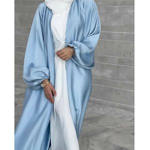 Satin Dubai Women Dress Kaftan Open Cardigan Kimono Abaya Caftan baby blue L60